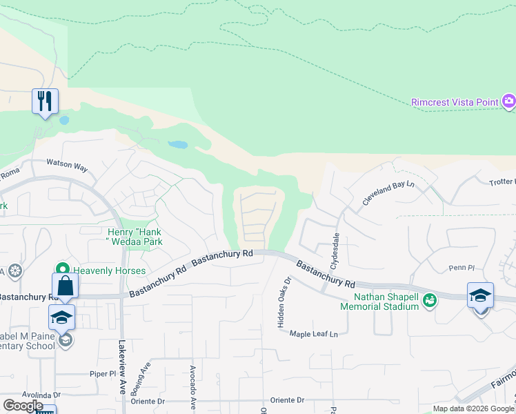 map of restaurants, bars, coffee shops, grocery stores, and more near 18955 Pelham Way in Yorba Linda