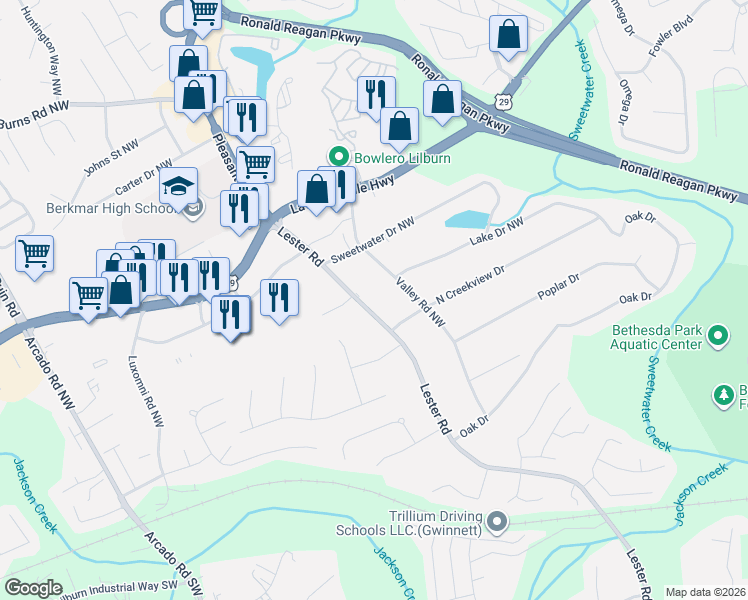 map of restaurants, bars, coffee shops, grocery stores, and more near 247 Valley Road Northwest in Lawrenceville
