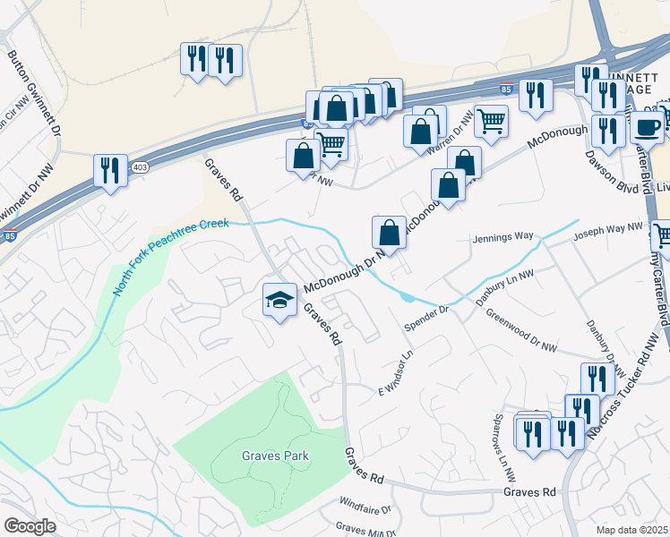 map of restaurants, bars, coffee shops, grocery stores, and more near 1811 Brookside Lay Circle in Norcross