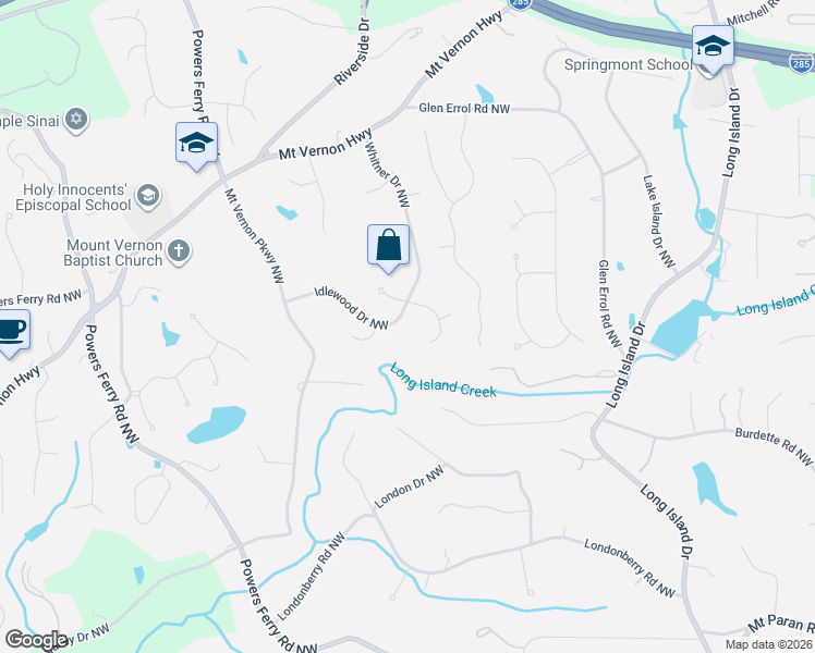 map of restaurants, bars, coffee shops, grocery stores, and more near 5480 East Idlewood Lane in Atlanta