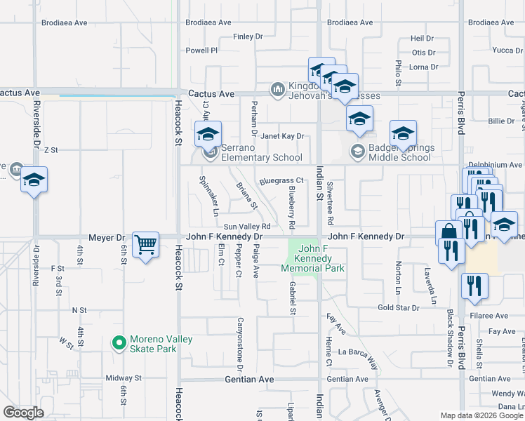 map of restaurants, bars, coffee shops, grocery stores, and more near 14904 Briana Street in Moreno Valley