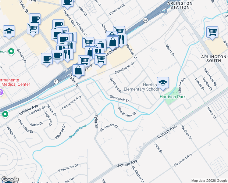 map of restaurants, bars, coffee shops, grocery stores, and more near 3144 Saratoga Street in Riverside