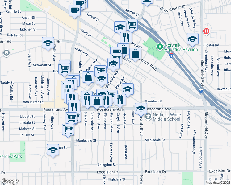 map of restaurants, bars, coffee shops, grocery stores, and more near 12022 Walnut Street in Norwalk