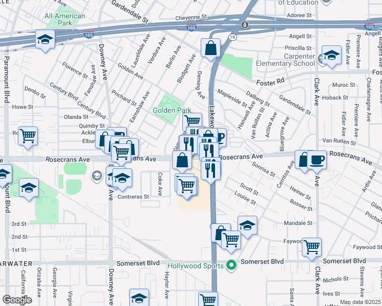 map of restaurants, bars, coffee shops, grocery stores, and more near 13530 Deming Avenue in Downey