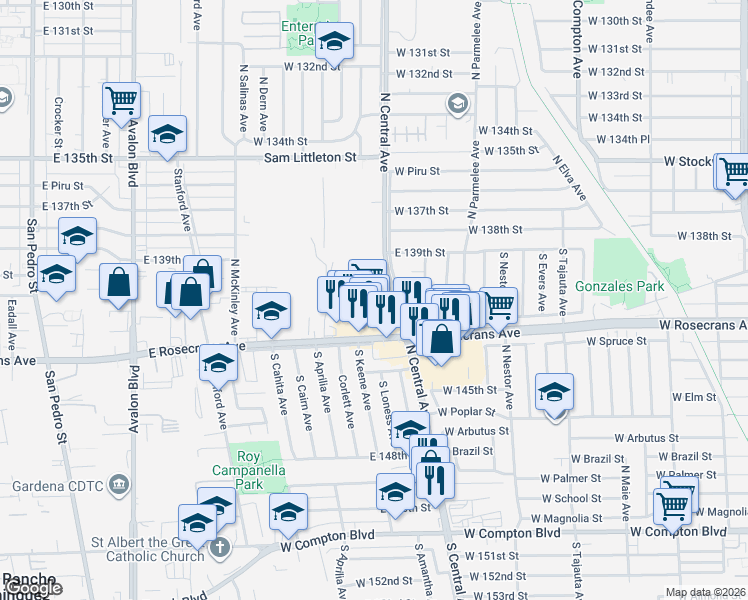 map of restaurants, bars, coffee shops, grocery stores, and more near 1201 North Central Avenue in Los Angeles