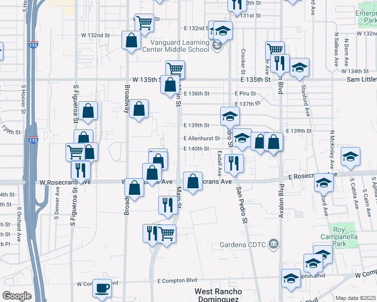 map of restaurants, bars, coffee shops, grocery stores, and more near 113 East 140th Street in Los Angeles