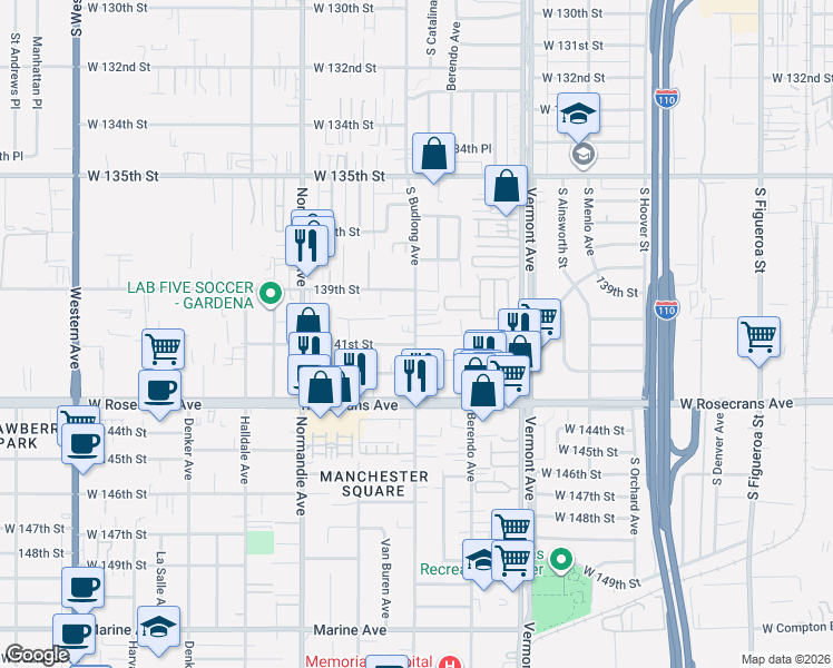 map of restaurants, bars, coffee shops, grocery stores, and more near 14006 Budlong Avenue in Gardena