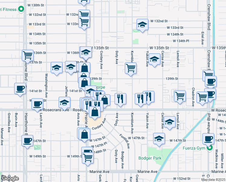 map of restaurants, bars, coffee shops, grocery stores, and more near 13937 Doty Avenue in Hawthorne