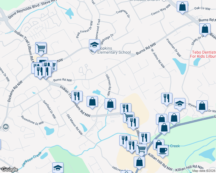 map of restaurants, bars, coffee shops, grocery stores, and more near 831 Hillcrest Road Northwest in Lilburn
