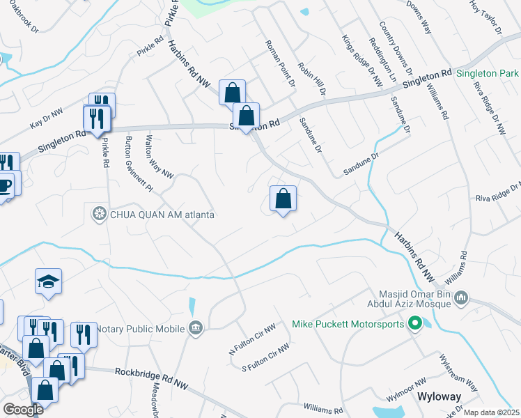 map of restaurants, bars, coffee shops, grocery stores, and more near 1800 Harbins Road Northwest in Norcross
