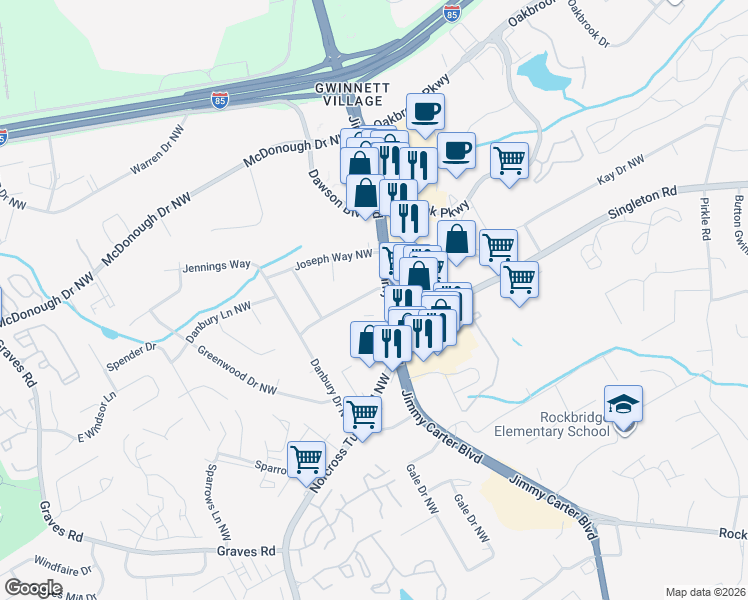 map of restaurants, bars, coffee shops, grocery stores, and more near 6231 Hayes Drive Northwest in Norcross