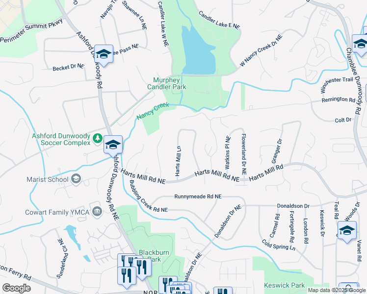 map of restaurants, bars, coffee shops, grocery stores, and more near 3811 Harts Mill Lane in Atlanta