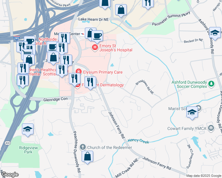 map of restaurants, bars, coffee shops, grocery stores, and more near 1195 Old Johnson Ferry Road Northeast in Atlanta