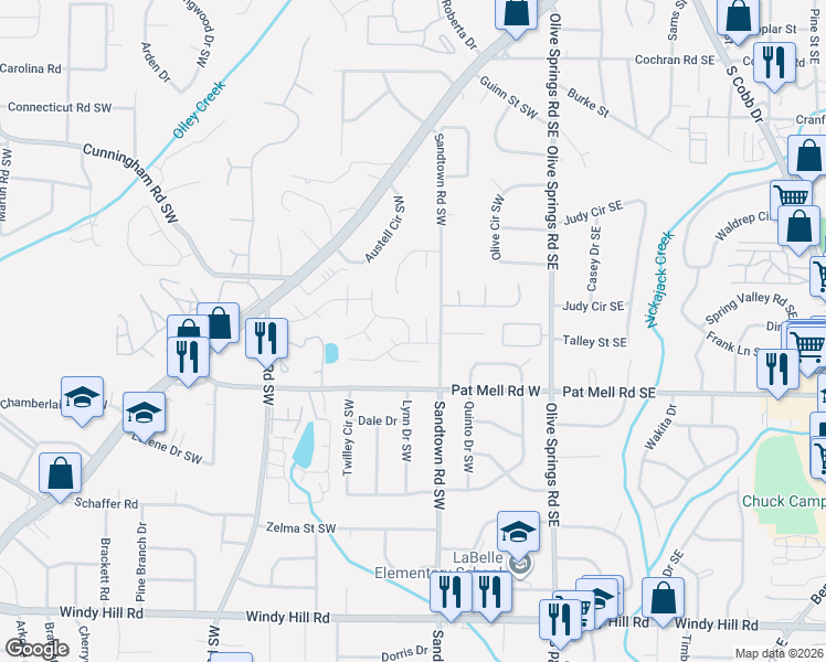 map of restaurants, bars, coffee shops, grocery stores, and more near 1985 Summer Gate Court Southwest in Marietta