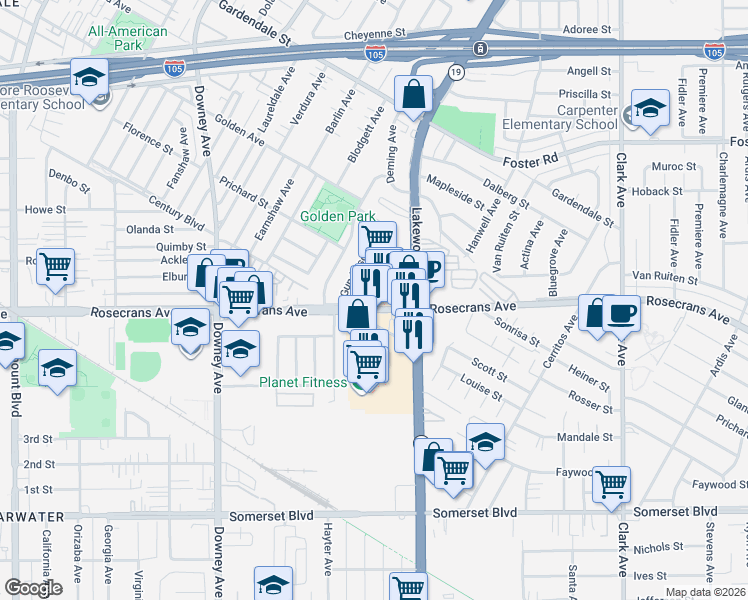 map of restaurants, bars, coffee shops, grocery stores, and more near 8831 Rosecrans Avenue in Downey