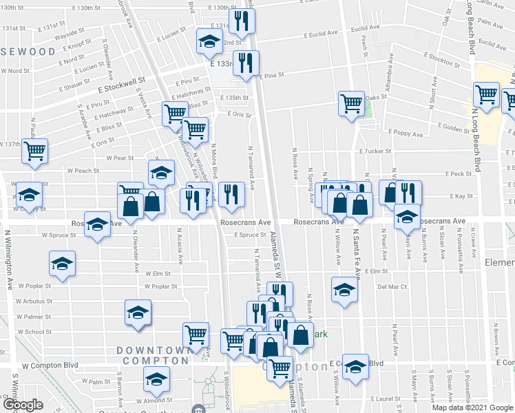 map of restaurants, bars, coffee shops, grocery stores, and more near 1200 North Tamarind Avenue in Compton