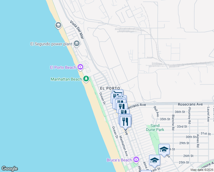 map of restaurants, bars, coffee shops, grocery stores, and more near 4209 Crest Drive in Manhattan Beach