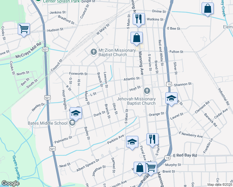 map of restaurants, bars, coffee shops, grocery stores, and more near 725 South Sumter Street in Sumter