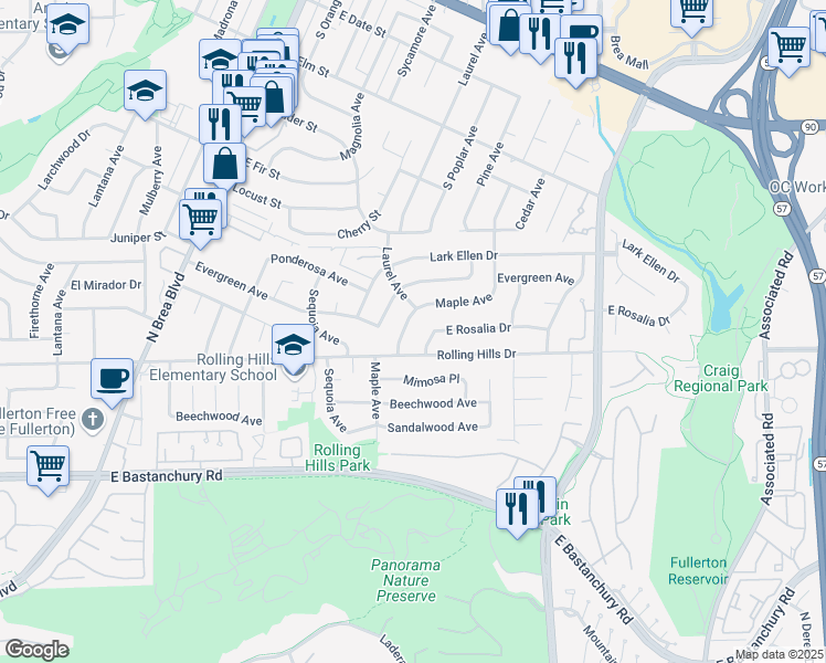 map of restaurants, bars, coffee shops, grocery stores, and more near 2924 Maple Avenue in Fullerton