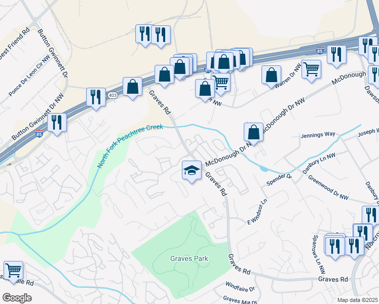 map of restaurants, bars, coffee shops, grocery stores, and more near 105 Olde Mill Lane in Norcross