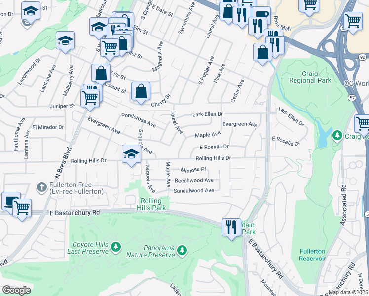 map of restaurants, bars, coffee shops, grocery stores, and more near 2924 Maple Avenue in Fullerton