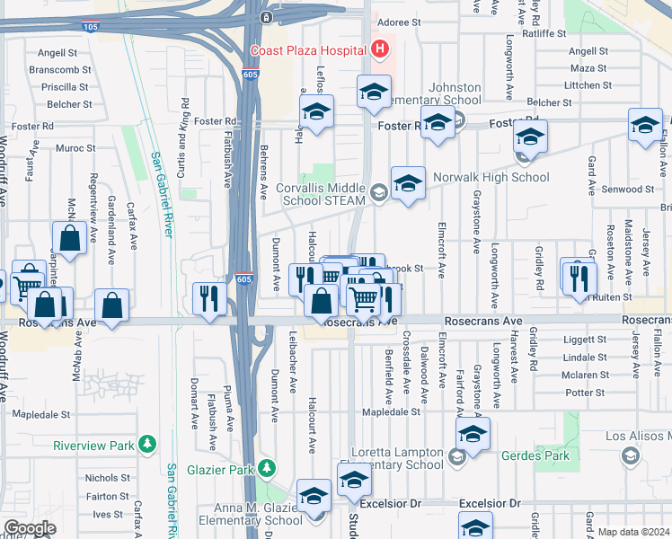 map of restaurants, bars, coffee shops, grocery stores, and more near 14012 Lefloss Avenue in Norwalk