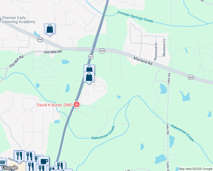 map of restaurants, bars, coffee shops, grocery stores, and more near 184 Darby's Crossing Court in Hiram