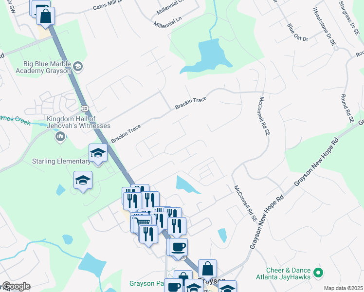 map of restaurants, bars, coffee shops, grocery stores, and more near 335 Sawyer Farm Drive in Grayson