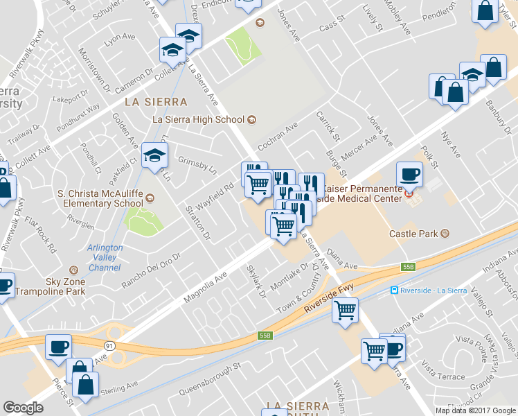 map of restaurants, bars, coffee shops, grocery stores, and more near 3840 La Sierra Avenue in Riverside