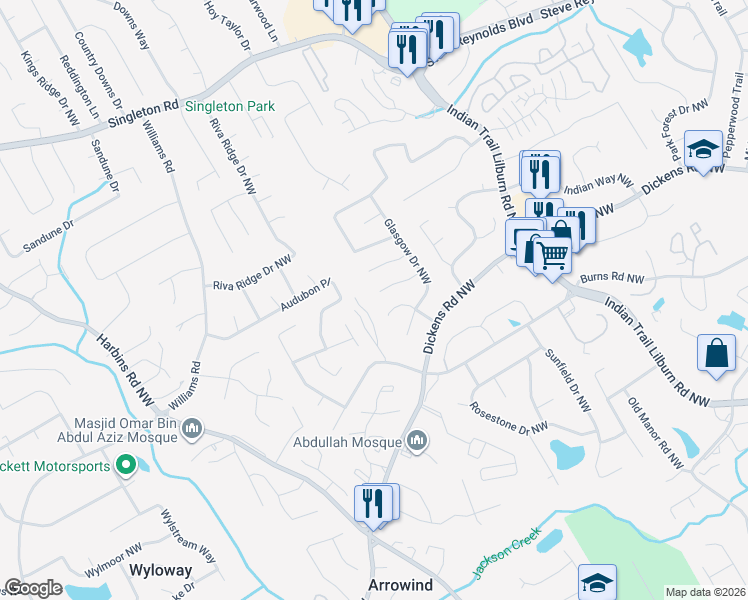 map of restaurants, bars, coffee shops, grocery stores, and more near 5188 Aberdeen Court Northwest in Lilburn