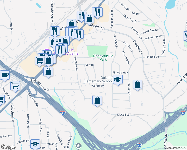 map of restaurants, bars, coffee shops, grocery stores, and more near 3824 Chatham Drive in Doraville
