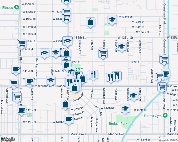 map of restaurants, bars, coffee shops, grocery stores, and more near 13937 Doty Avenue in Hawthorne