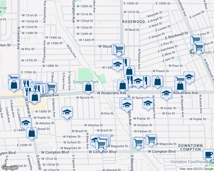 map of restaurants, bars, coffee shops, grocery stores, and more near 921 West Cherry Street in Compton