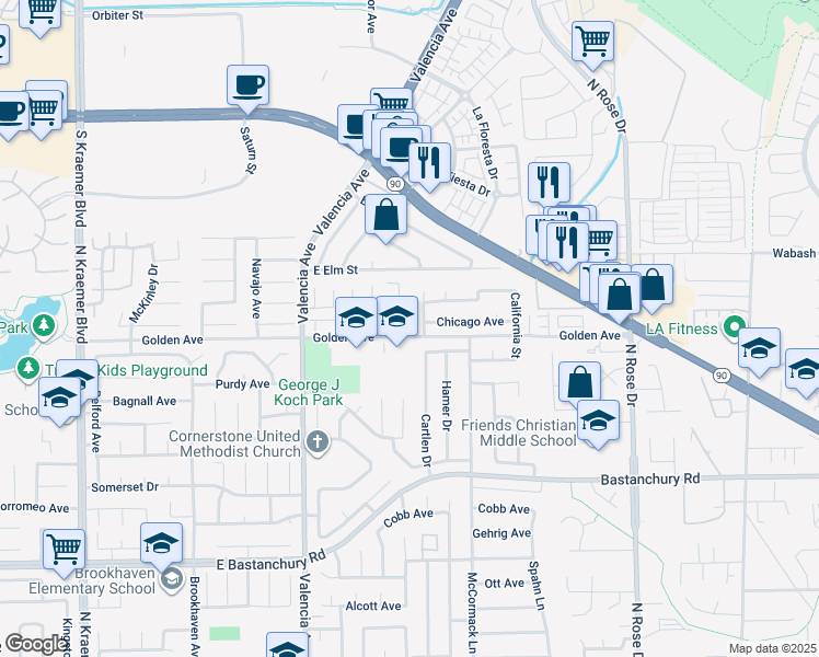 map of restaurants, bars, coffee shops, grocery stores, and more near 792 Ottawa Drive in Placentia