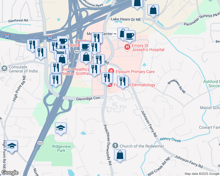 map of restaurants, bars, coffee shops, grocery stores, and more near 5505 Peachtree Dunwoody Road in Atlanta