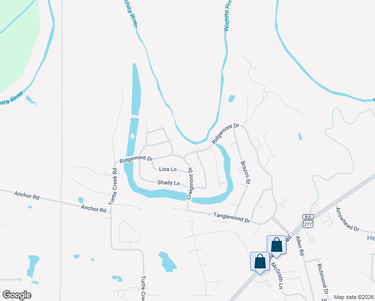 map of restaurants, bars, coffee shops, grocery stores, and more near 2 Hollow Ridge Court in Wichita Falls