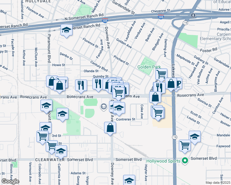 map of restaurants, bars, coffee shops, grocery stores, and more near 8519 Rosecrans Avenue in Paramount
