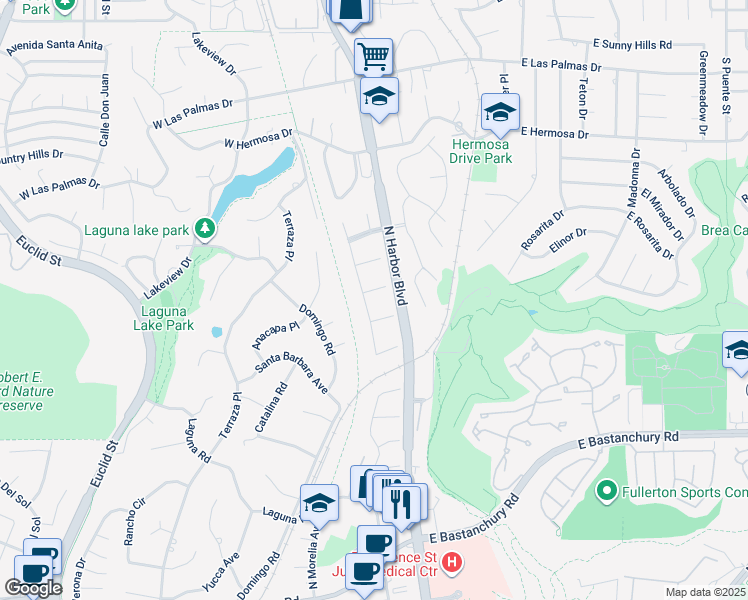 map of restaurants, bars, coffee shops, grocery stores, and more near in Fullerton