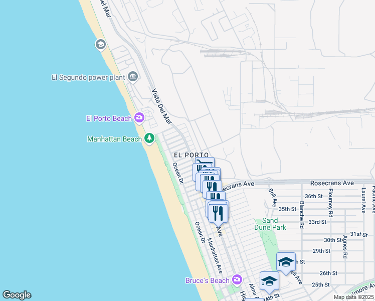 map of restaurants, bars, coffee shops, grocery stores, and more near 4209 Crest Drive in Manhattan Beach