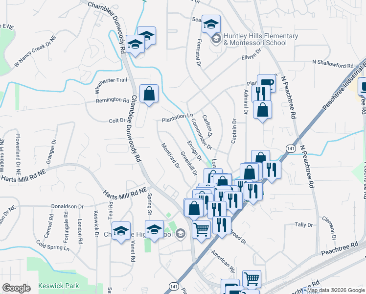 map of restaurants, bars, coffee shops, grocery stores, and more near 3825 Greenhill Drive in Chamblee