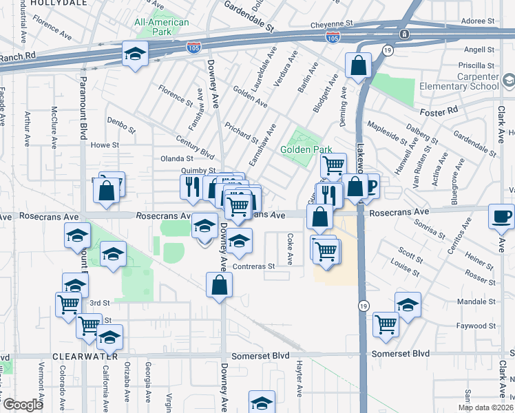 map of restaurants, bars, coffee shops, grocery stores, and more near 8528 Elburg Street in Paramount