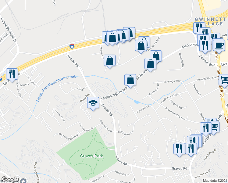 map of restaurants, bars, coffee shops, grocery stores, and more near 1819 Brookside Lay Circle in Norcross