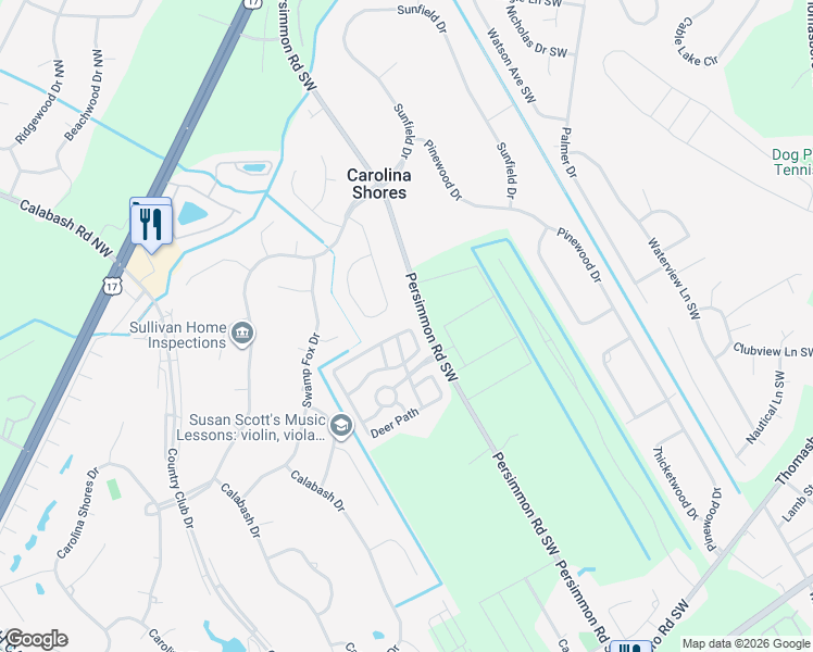 map of restaurants, bars, coffee shops, grocery stores, and more near 501 Deer Path in Calabash