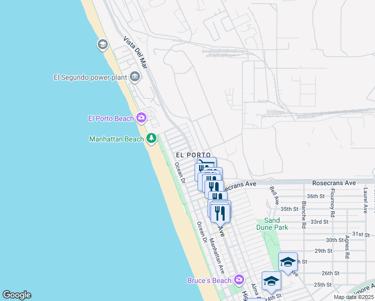 map of restaurants, bars, coffee shops, grocery stores, and more near 219 42nd Street in Manhattan Beach