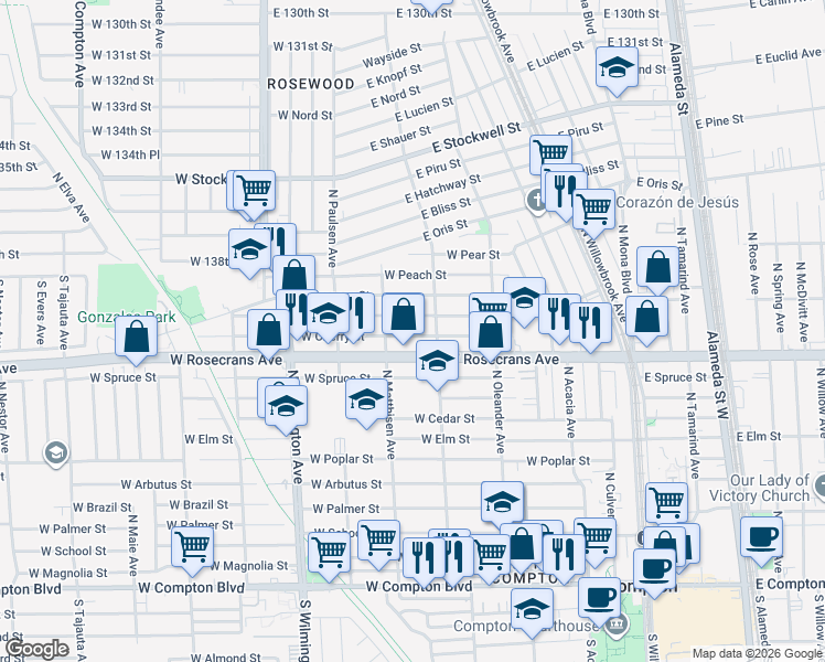 map of restaurants, bars, coffee shops, grocery stores, and more near 521 West Cherry Street in Compton