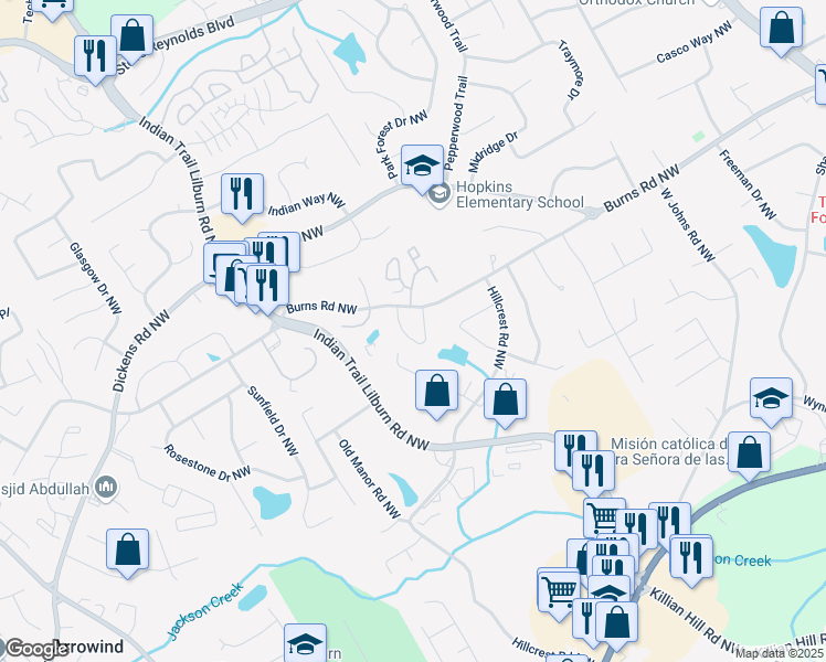 map of restaurants, bars, coffee shops, grocery stores, and more near 799 Jodeco Circle Northwest in Lilburn