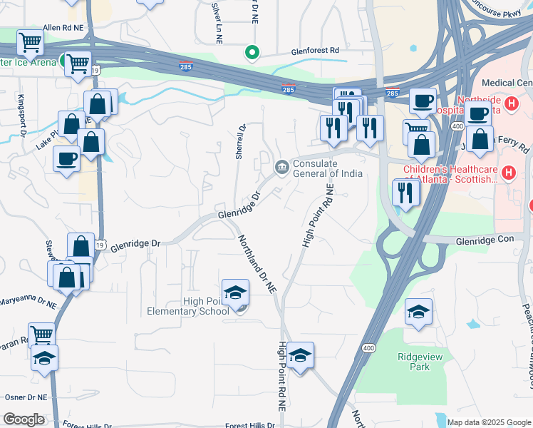 map of restaurants, bars, coffee shops, grocery stores, and more near 5501 Glenridge Drive in Atlanta