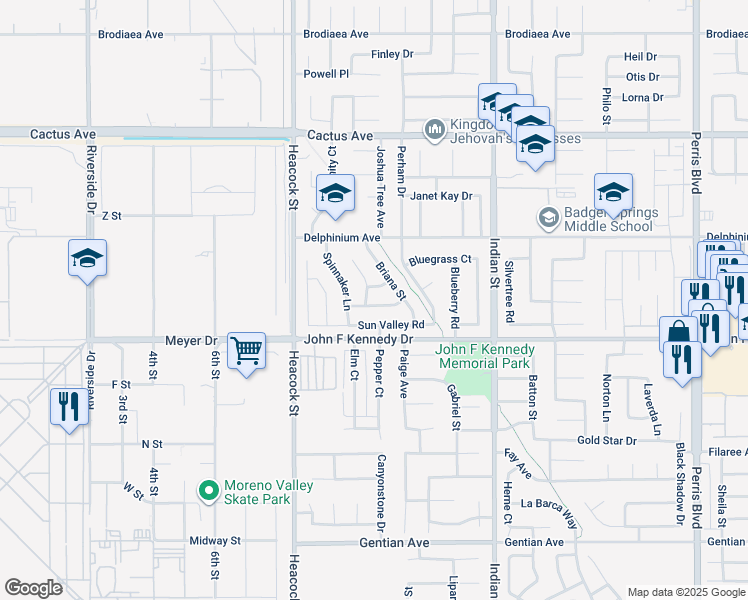 map of restaurants, bars, coffee shops, grocery stores, and more near 24210 Dressin Drive in Moreno Valley