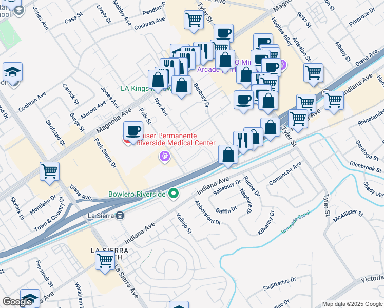 map of restaurants, bars, coffee shops, grocery stores, and more near 3535 Polk Street in Riverside