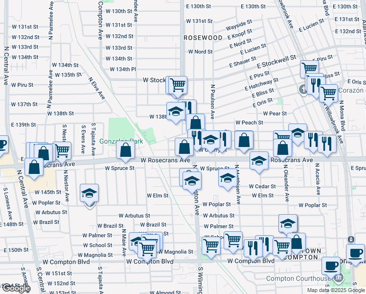 map of restaurants, bars, coffee shops, grocery stores, and more near 819 West Cherry Street in Compton